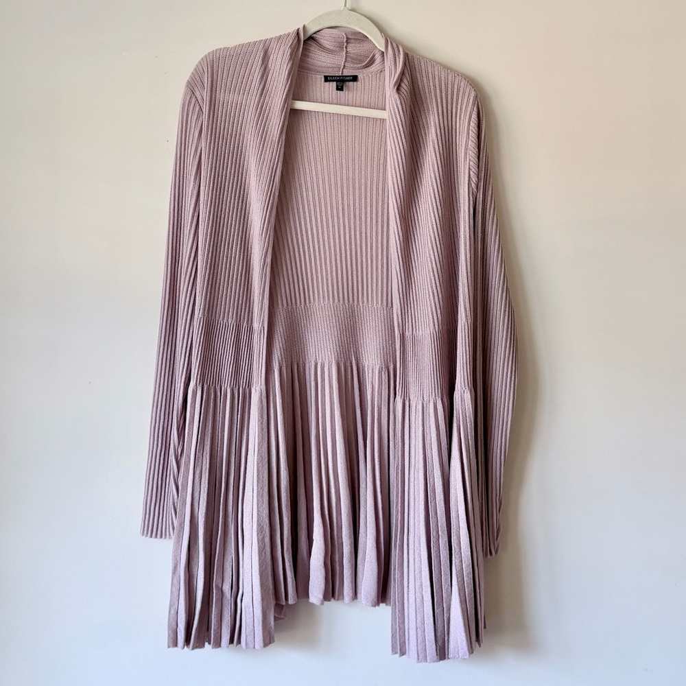 Eileen Fisher Ribbed Accordion Pleat Cardigan Open Front Blush Pink XL - Picture 2 of 7